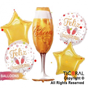 SET DE GLOBOS METALIZADO COPA CHEERS FELIZ CUMPLEAOS 5 UNIDADES X 1